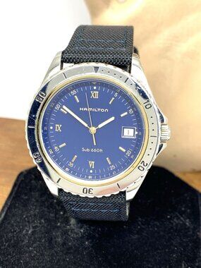 Hamilton Sub 660 Men's Watch 9744A Vintage Swiss Quartz Blue Dial Leather 38mm